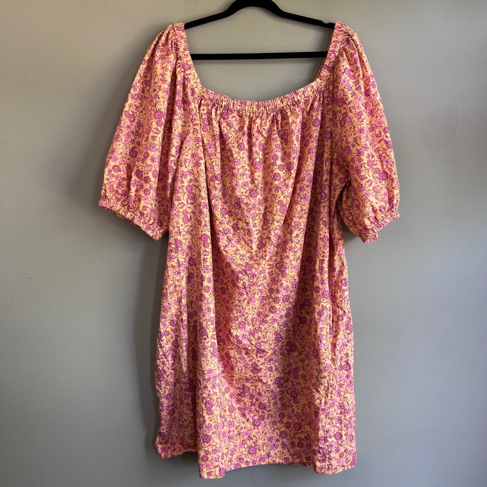 Old Navy XL Pink Orange Floral Cotton Puff Sleeve Off Shoulder Dress Pockets